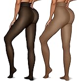 Vertvie 2 Pairs Fleece Lined Tights Women Crotch One Seam Line Warm Sheer Pantyhose Fake Translucent Thermal Thick Leggings