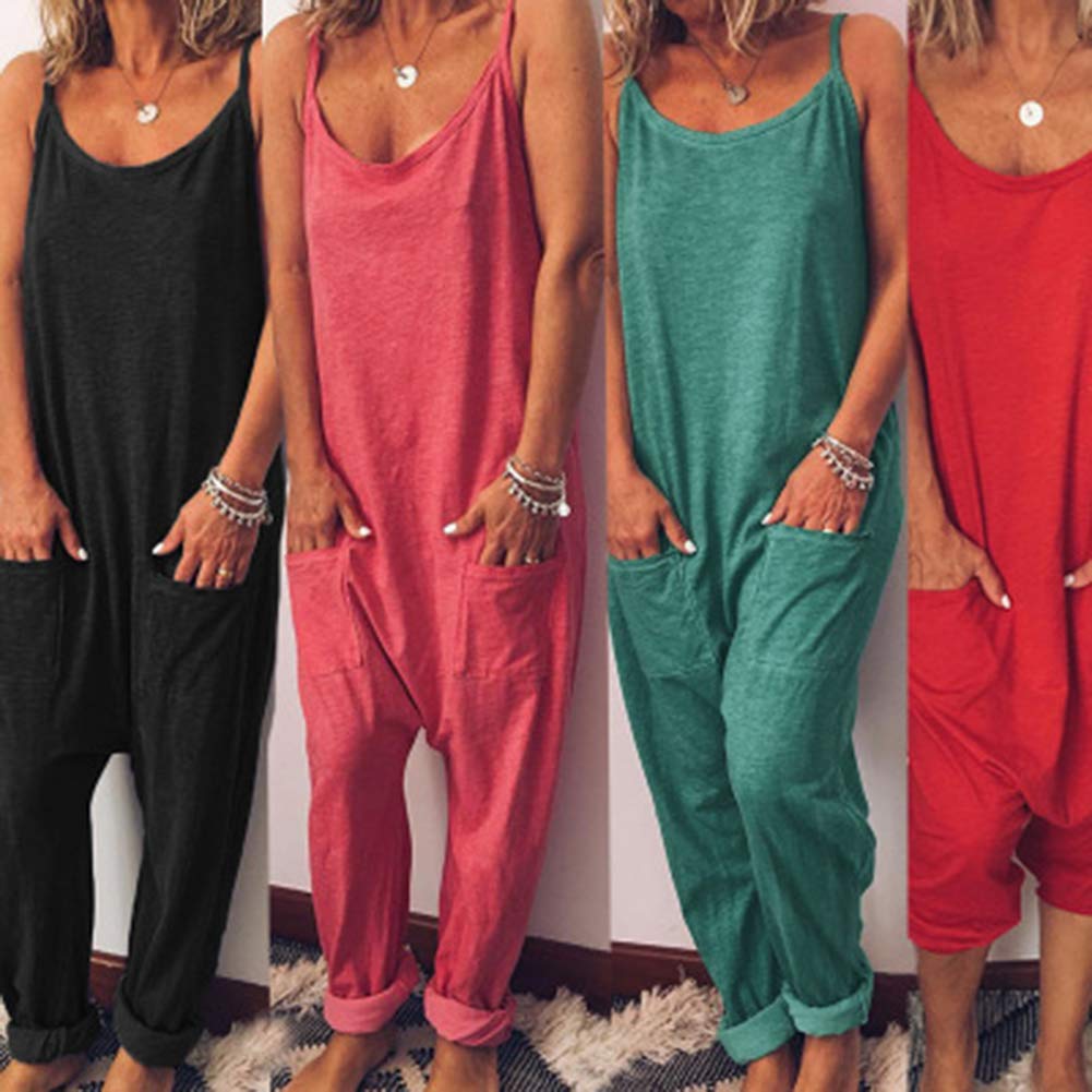 Annystore Women\'s Black Overalls - Spaghetti Strap Sleeveless Wide Leg Jumpsuit Rompers with Pockets M