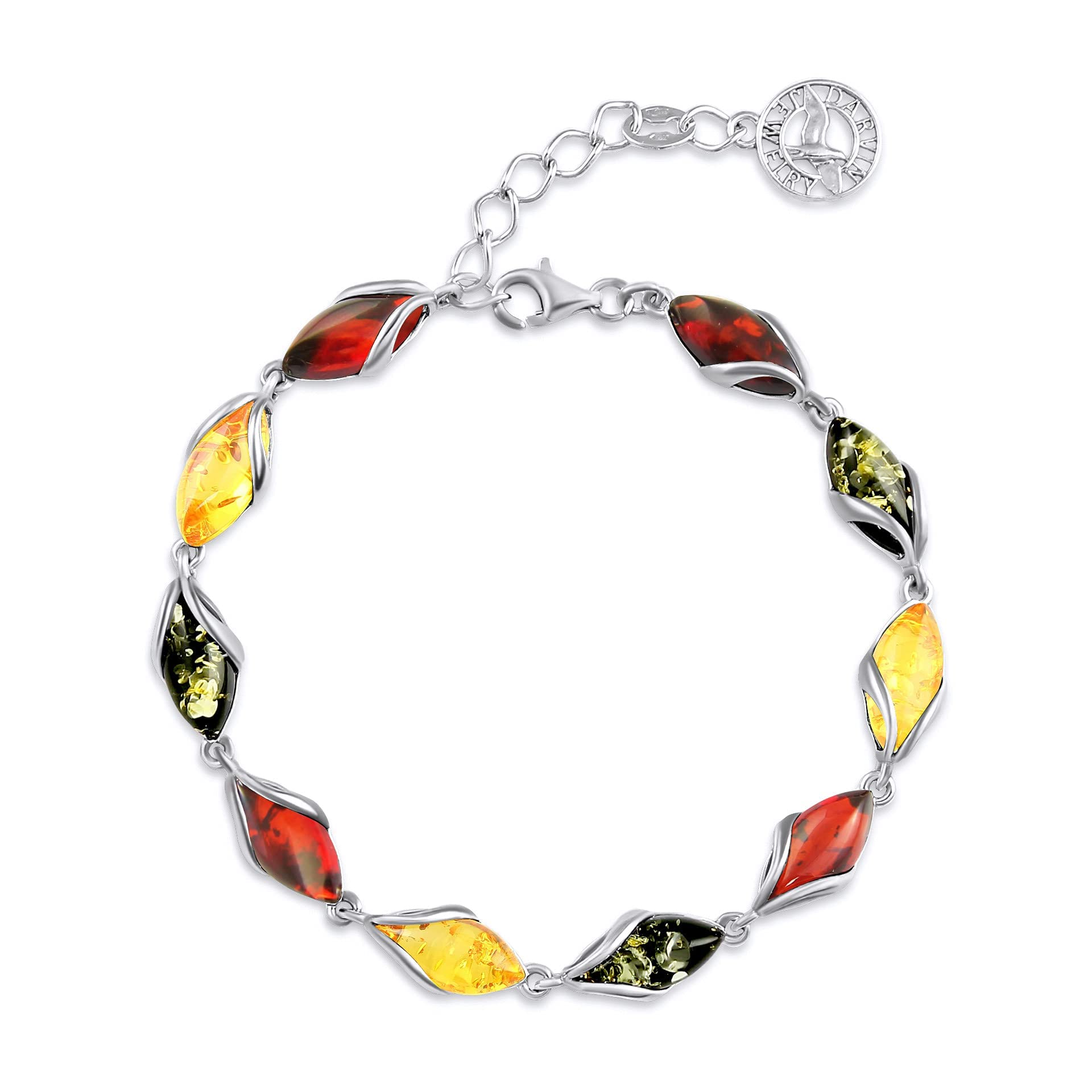 Bernstein by Kindl Women's Amber Bracelet in 925 Sterling Silver and Ecte Baltic Amber Drops in 3 Colours - Lemon, Gognac and Green Size 17-20cm