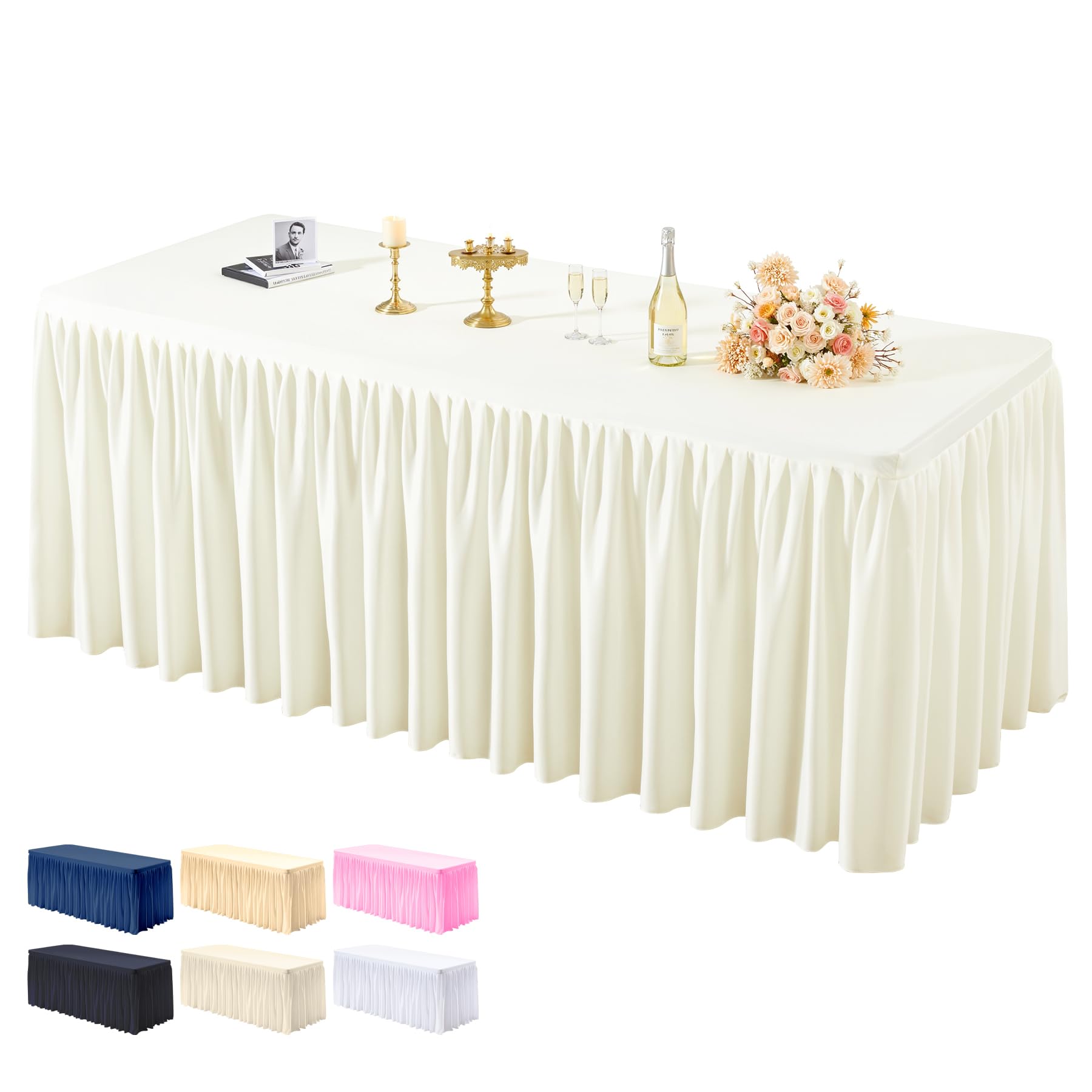 Photo 1 of 1 Pack Ivory Tablecloths for Rectangle Tables 8ft, Wrinkle Resistant Spandex Table Cover Fitted Stretch Table Cloth with Pleated Ruffle Skirts for Party Banquet Dining Birthday Wedding