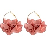 Flower Earrings for Women,Exaggerated Satin Large Flower Long Tassel Drop Earrings Fluffy Fabric Flower Earrings Bohemian Floral Statement Earrings Fashion Romantic Party Wedding Earrings Jewelry(Pink2)