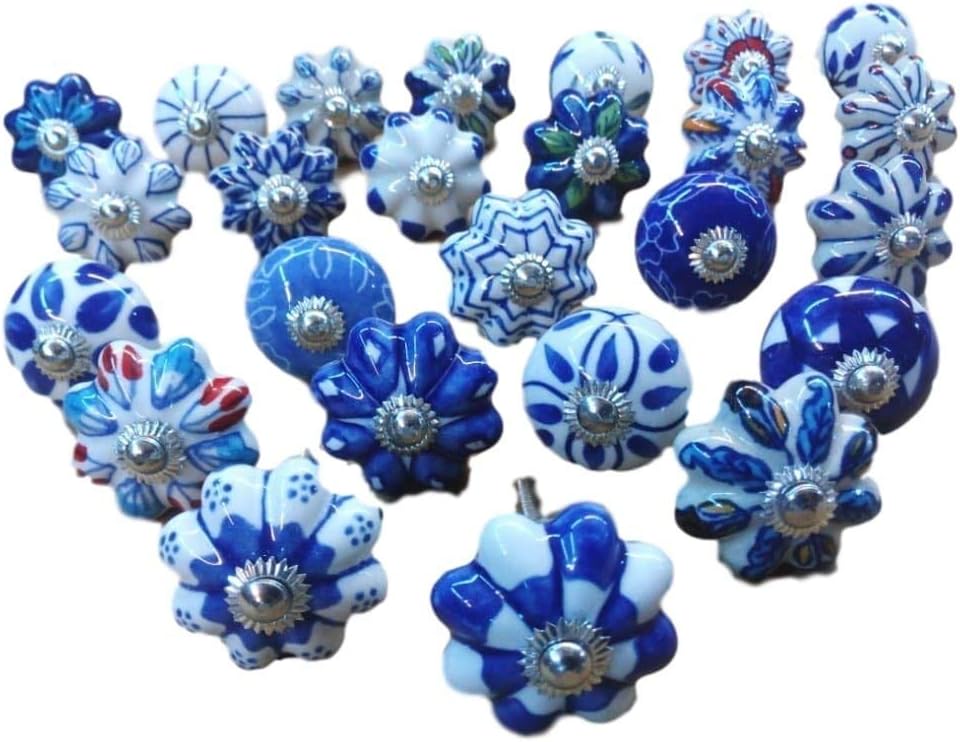 25 Blue & White Ceramic Drawers Knobs Door Cupboard Pulls Indian Mix Knobs.Express Priority Shipping