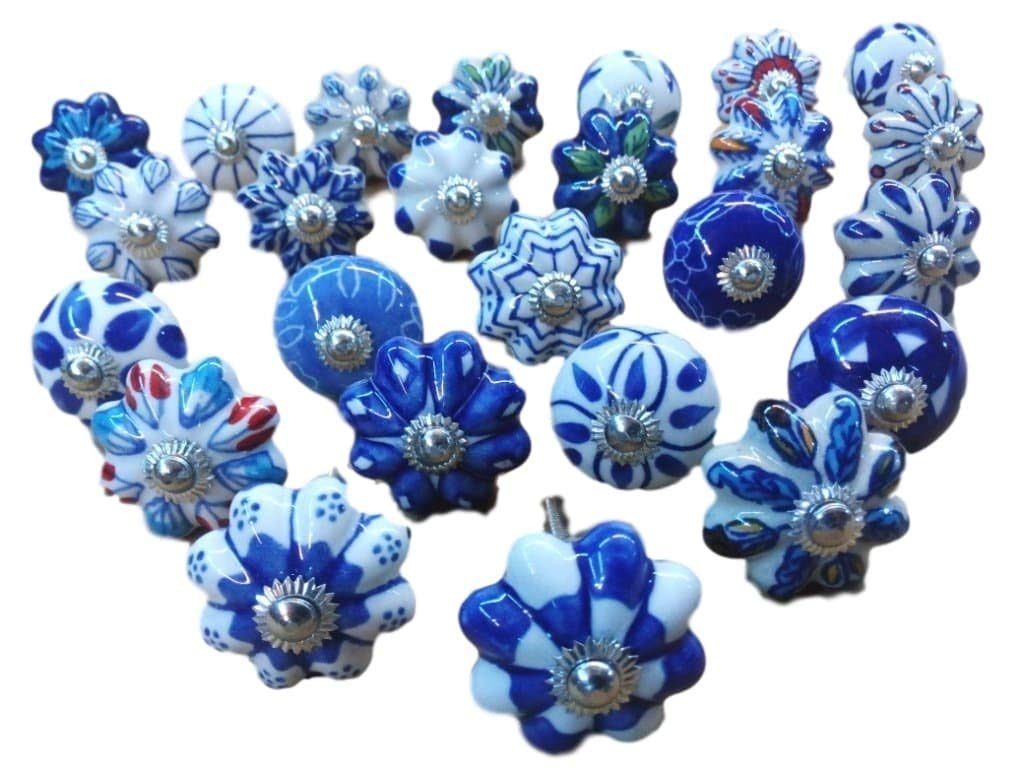 25 Blue & White Ceramic Drawers Knobs Door Cupboard Pulls Indian Mix Knobs.Express Priority Shipping