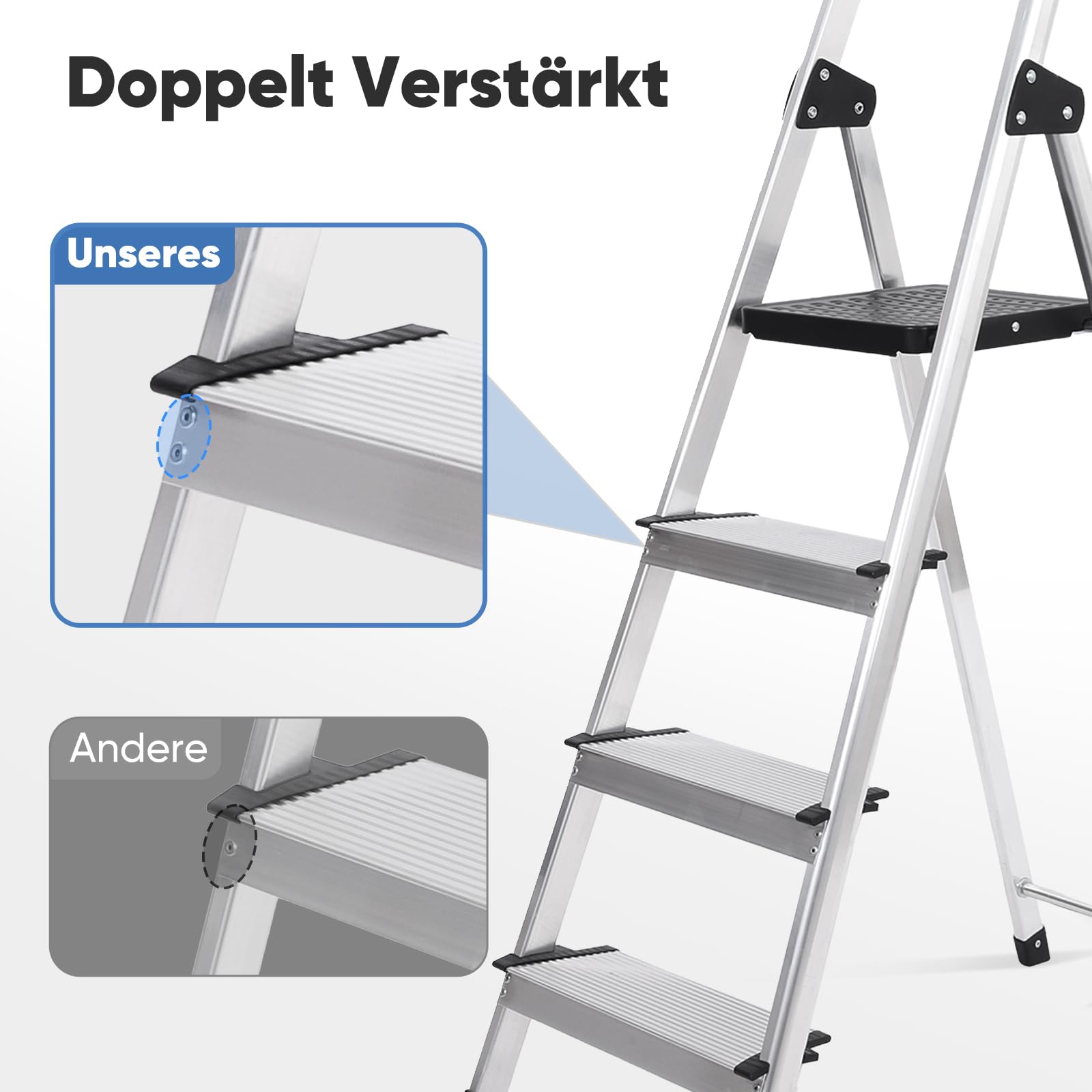 Sekey Aluminium Trittleiter 4 Stufen (140 cm), Klappbar, mit Werkzeugablage, rutschfest, bis 150 kg Belastbar, TÜV EN131-2, für Haushalt, Garage & Garten 3
