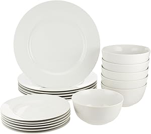 Amazon Basics 18-Piece Kitchen Dinnerware Set, Dishes, Bowls, Service for 6, White
