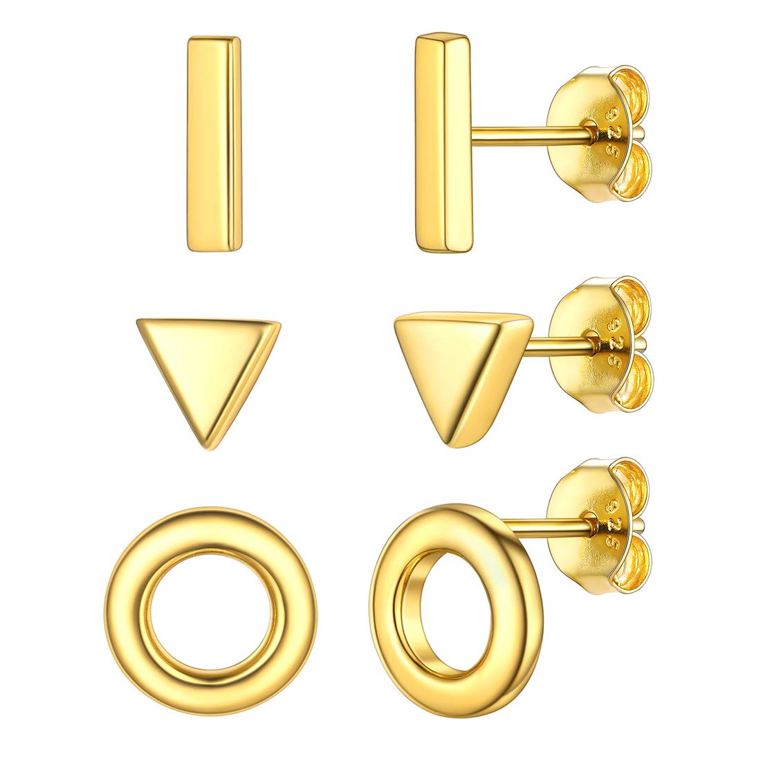 Gold Plated Sterling Silver Triangle Disc Bar Earring Studs Set Hypoallergenic