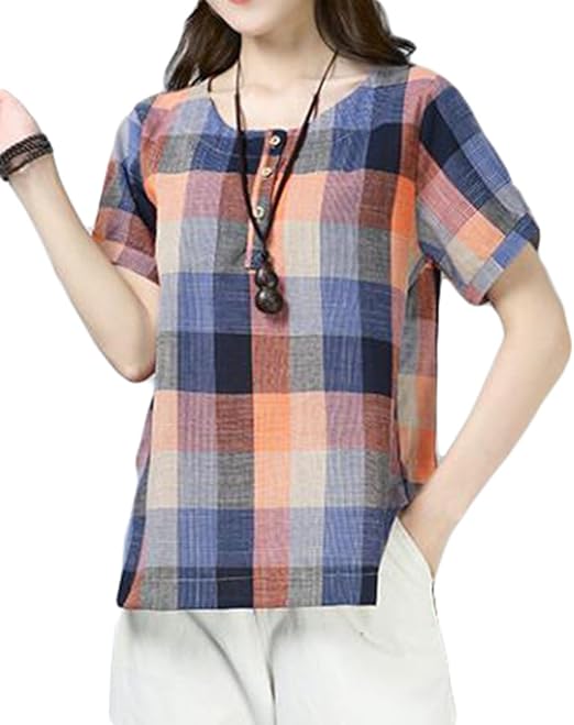 Amazon Gergeousレディース Tシャツ 半袖 チェック柄 綿 麻 トップス 大きいサイズ カットソー 韓国ファッション 大きいサイズ リネンシャツ ブラウス Tシャツ カットソー 通販