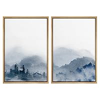 SIGNWIN Framed Wall Art Print Set Blue and Gray Mountain Cloudy Skies Above Foggy Forest Abstract Zen Digital Art Modern Art Contemporary for Living Room, Bedroom, Office - 16