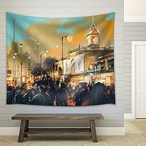 Beautiful Painting of People in a City Park at Sunset - Fabric Wall Tapestry Home Decor - 51x60 inches