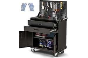 JFHID 52'' Work Bench for Garage with Pegboard Drawers and Cabinets Heavy Duty Metal Frame Tool Bench for Shop Kitchen Cabinets Organizer Work Table with Wheels (Black)
