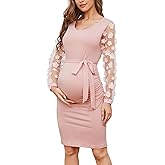 Floral Mesh Bishop Long Sleeve Maternity Midi Dress, Fall Maternity Bodycon Dress for Baby Shower