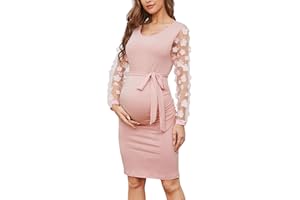 LAHILO Floral Mesh Bishop Long Sleeve Maternity Midi Dress, Fall Maternity Bodycon Dress for Baby Shower