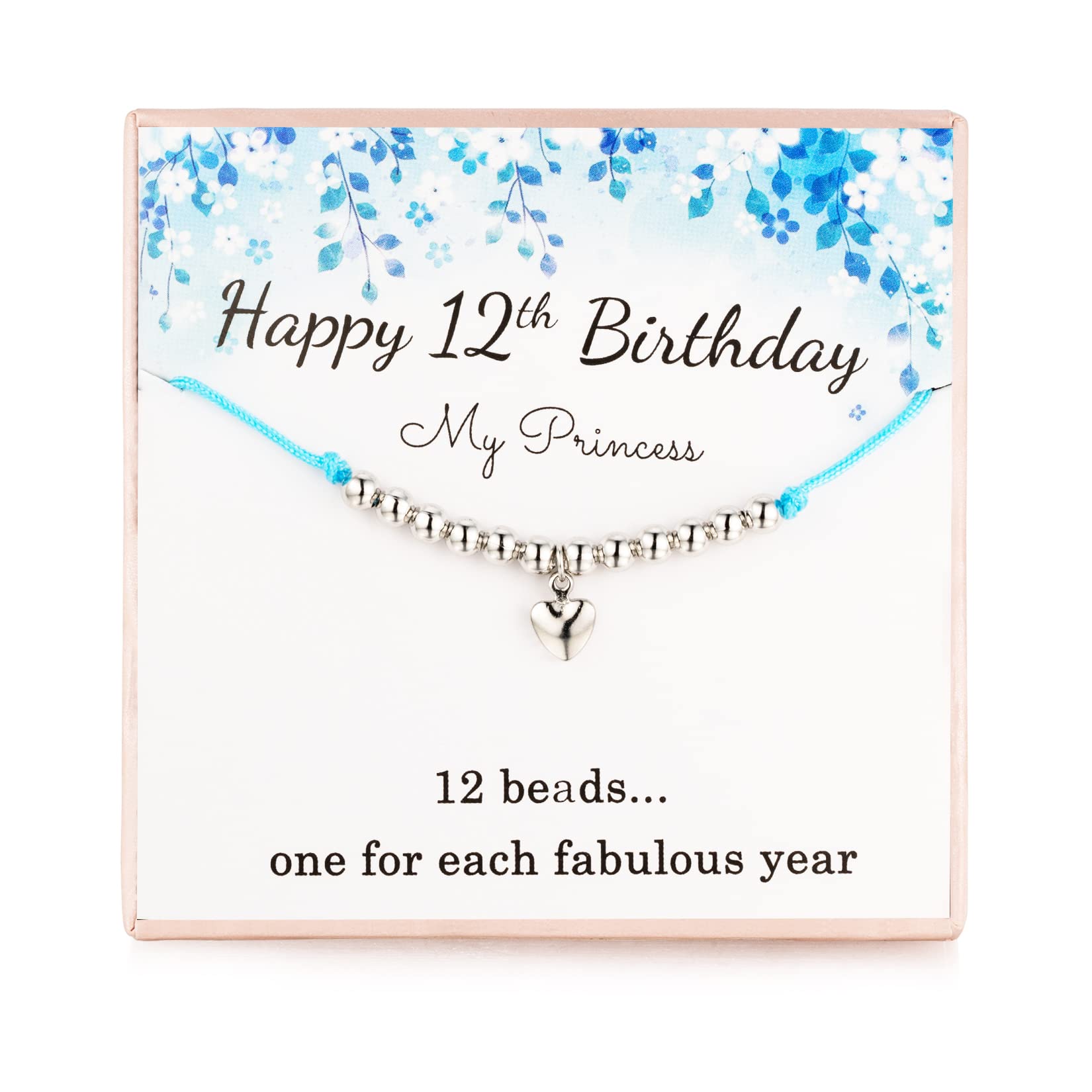 12th Birthday Gifts for Girls, Silver Beads Bracelet, 12 Beads for 12 Year Old Girl, Little Silver Heart Pendant Hand Woven Bracelet, Jewellery Gift Idea