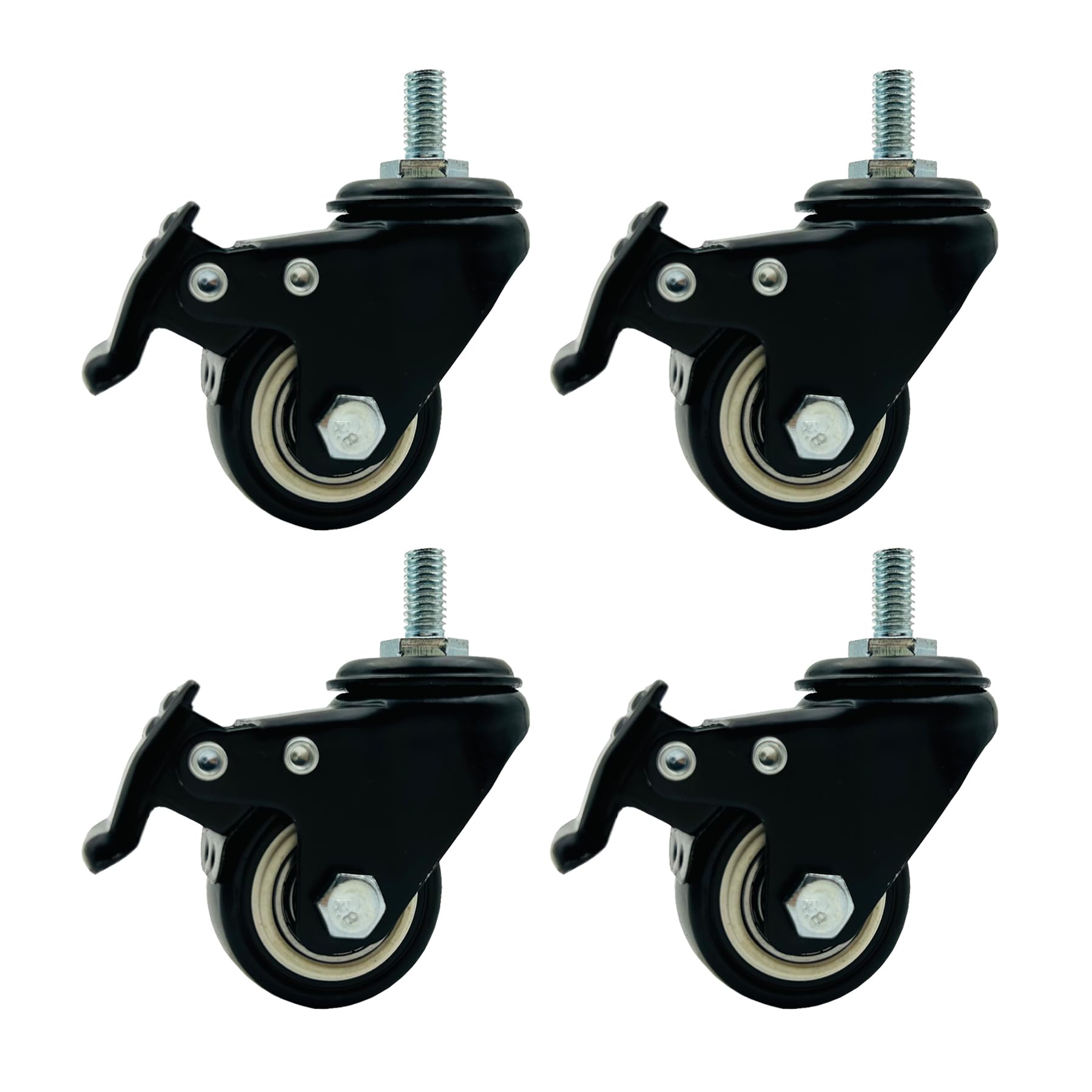 LIKERAINY Swivel 8mm Bolt Threaded Fixing Caster PE Wheels IC4812A with Brake 360 Degree General Purpose Castors Size Ø 50mm Pack of 4 Pieces