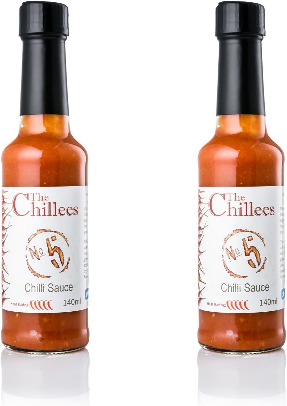 The Chillees Hot Chilli Sauce Heat Rating 5 with Trinidad Moruga Scorpion Chillies 2X 140ml Bottle