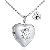 YOUFENG Unicorns Gifts for Her Love Heart Initial Letter Locket Necklace that Holds Pictures Enamel Locket Pendant Gifts for Women