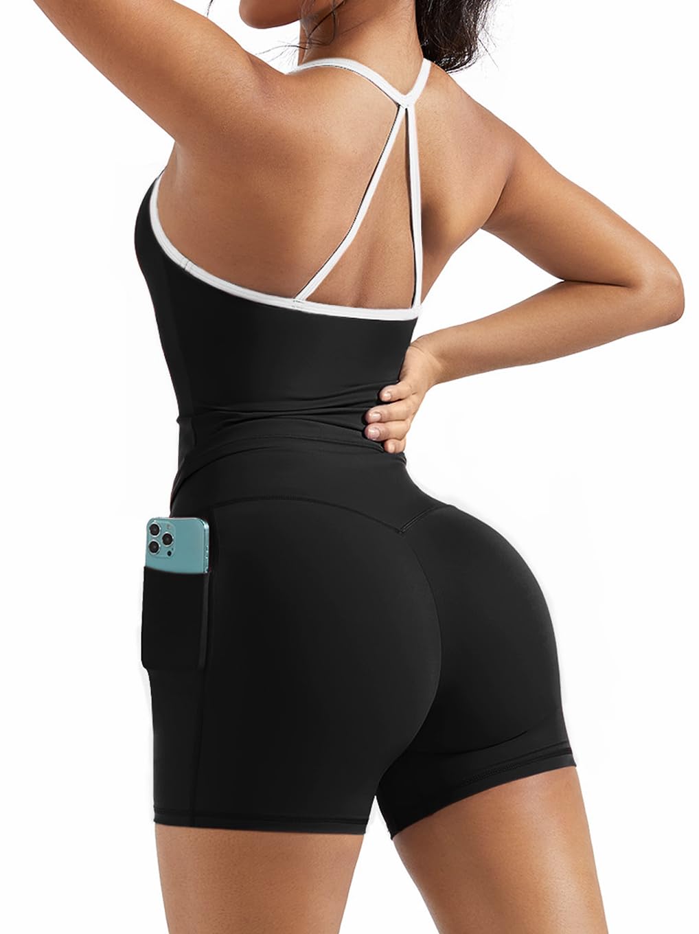 Photo 1 of OMKAGI 2 Piece Workout Sets for Women Padded Sports Bra Tank Booty Gym Shorts with Pockets(XL,284-Black White Piping)