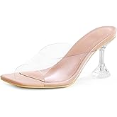 mysoft Women's Clear Heeled Sandals Square Toe Transparent Stiletto Mules Open Toe Slip on Dress Shoes