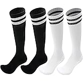 Ltxyivty 2 Pairs Black & White Stripes Soccer Softball Baseball Football Socks for 7-13 Years Old Boys and Girls Breathable Sports Training School Socks