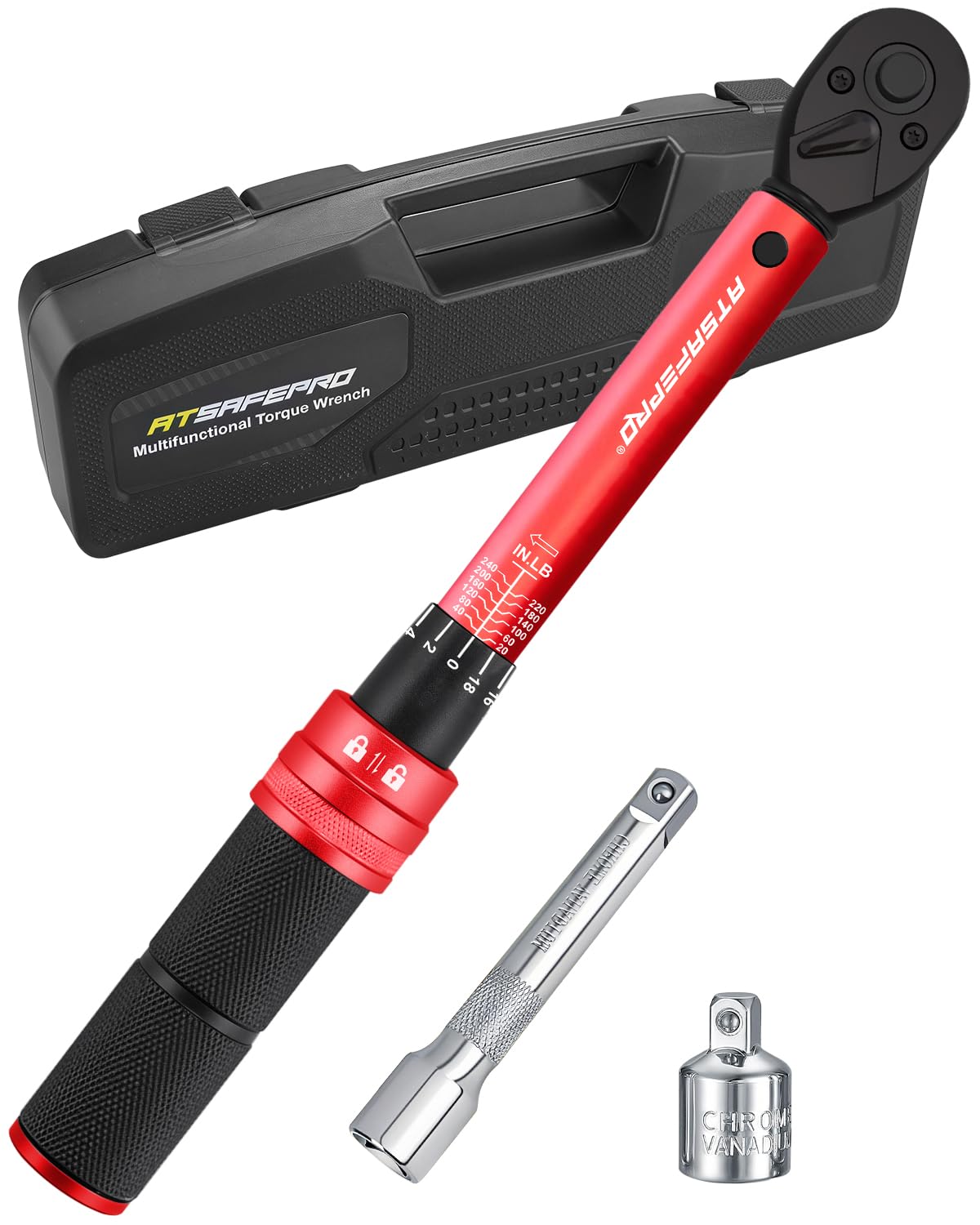 Photo 1 of ATsafepro 3/8 torque wrench 20-240 in.lb, Inch Pound Torque Wrench Set with Extension & 3/8" to 1/4" Adapter - ±3% Accuracy, Dual-Direction 72-Tooth for Bike, Motorcycle, Car & Engine Maintenance