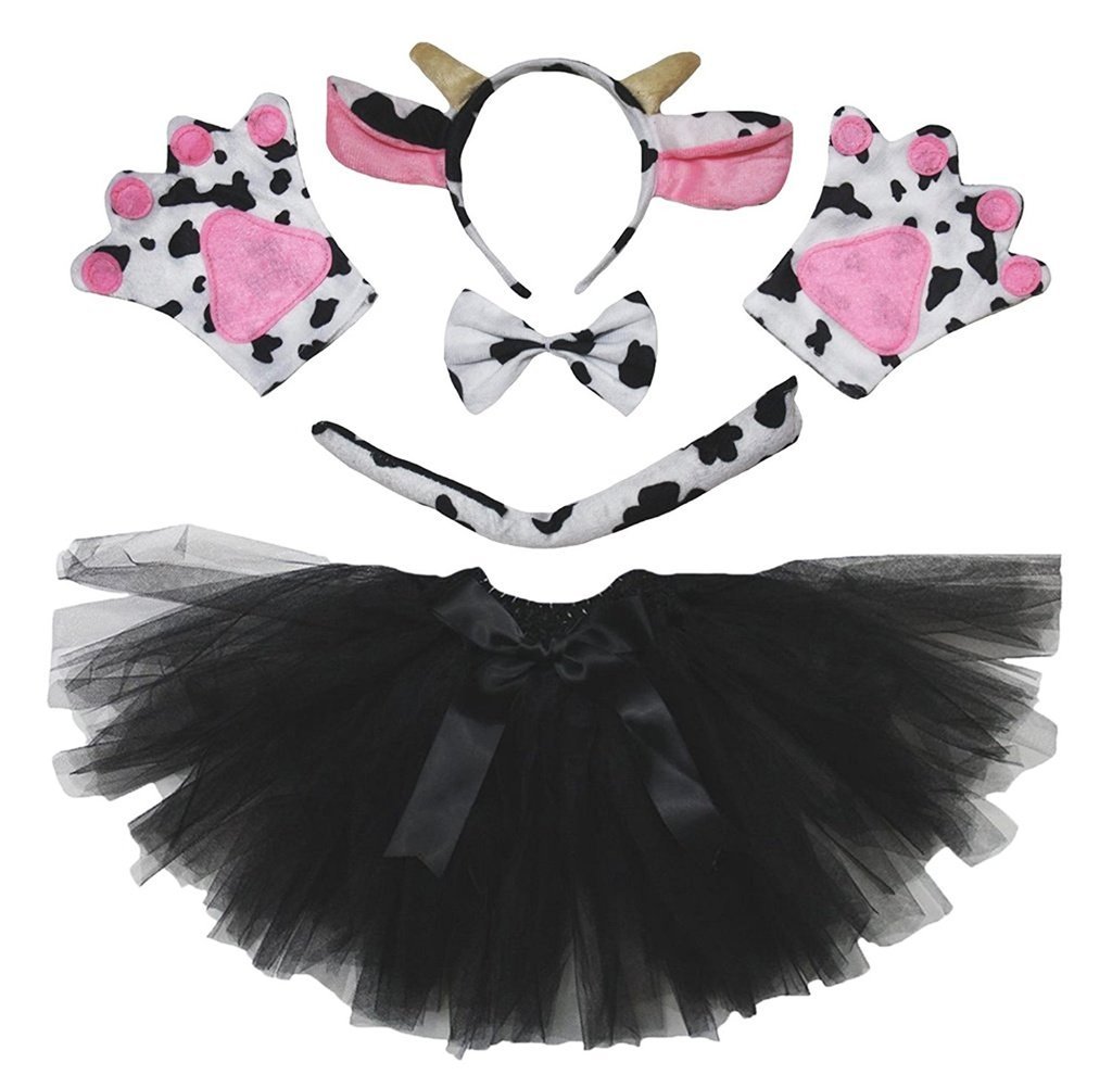 Petitebelle Headband Bowtie Tail Gloves Tutu 5pc Girl Costume 1-10y (Milk Cow, 1-5 Years)