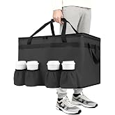CIVJET Insulated Food Delivery Bag with 4 Cup Holders, -Large, Black | Catering Bags Keep Food Hot/Cold, Heavy Duty Cooler Bag with Drink Carrier, Grocery Bags for Transport &amp; Shopping, Commercial