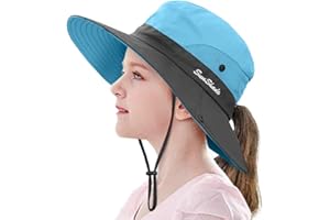 LCZTN Kids Ponytail Sun Hat Wide Brim UV Protection for Girls Beach Bucket Cap