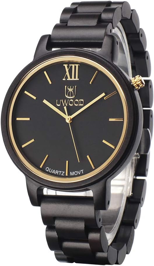 Men's Wooden Watches Analogue Swiss-Quartz Timepiece with Wood Bracelet (Ebony)