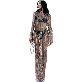 Ypser Pearl Mesh Rhinestone Cover Up See Through Mesh Maxi Dress Summer Beach Sheer Dress