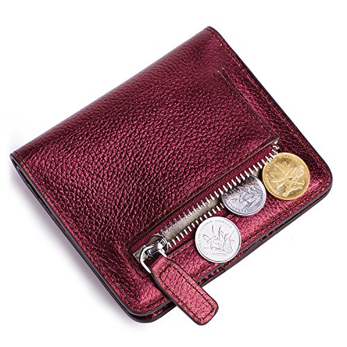 BIG SALE-AINIMOER Women's RFID Blocking Leather Small Compact Bifold Pocket Wallet Ladies Mini Purse with id Window (Wine Gold)