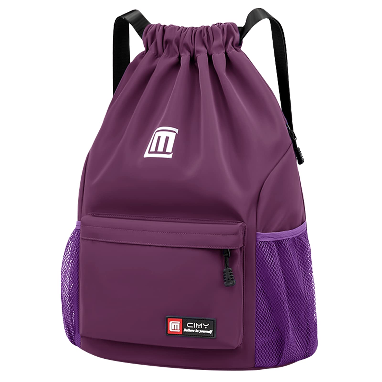 Pystuvo Drawstring Gym Bag，Large Drawstring Bags With Mesh Pockets Water，Nylon Waterproof Drawstring Bag Gym Bag Drawstring With Outside Zipper For Sports Holidays Swimming Travel,Purple (U12X1207P)