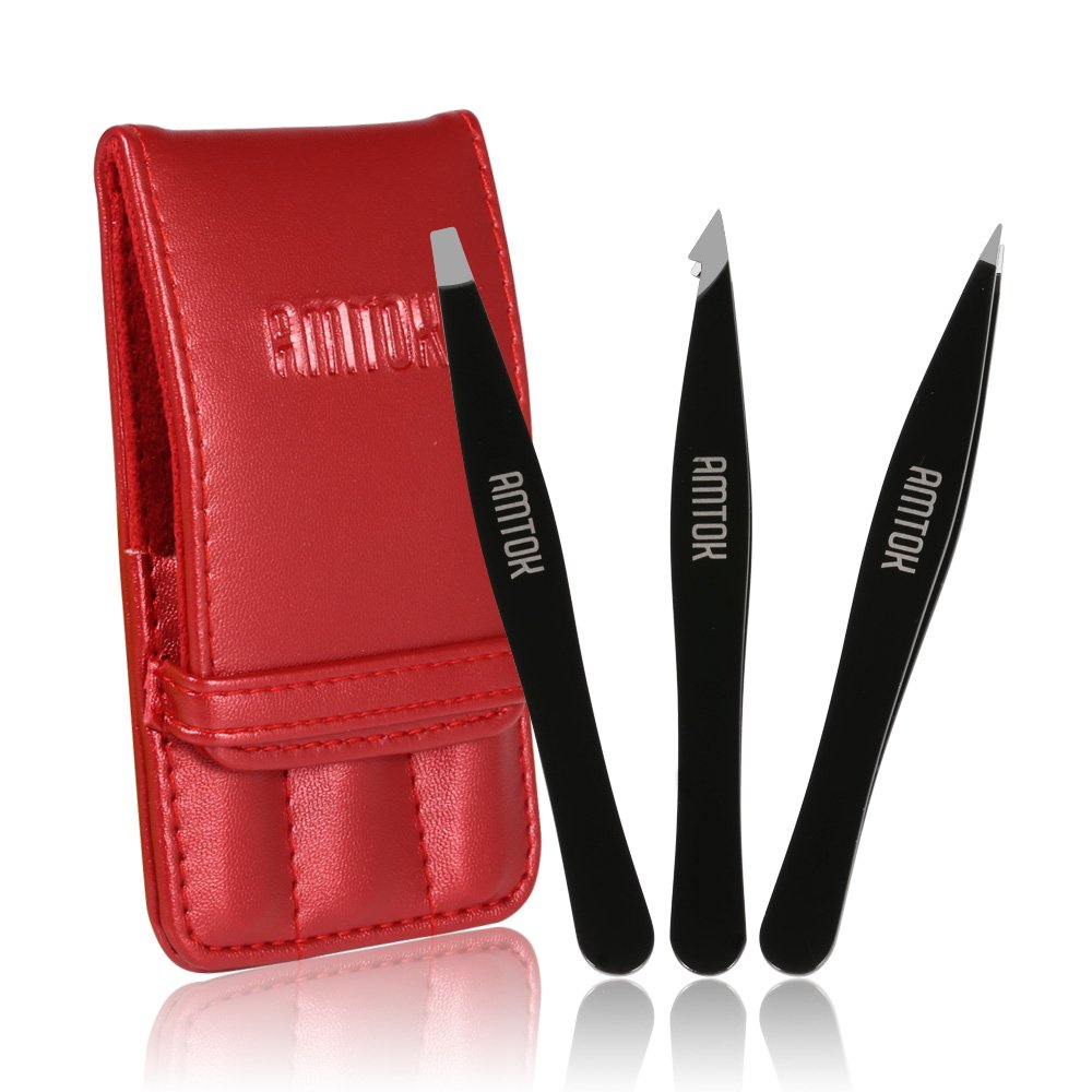 AMTOK Eyebrows Tweezers Kit Professional Plucking Tools Kit Stainless Steel,Flat,Slant and Pointed Tip Tweezers (Black)
