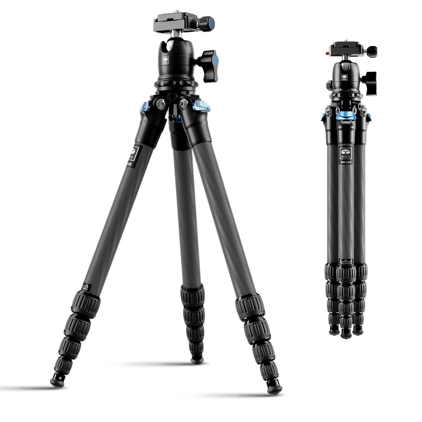 SIRUI Camera Tripod for Travel, Carbon Fibre Tripod for Camera AM-225+B-00K, 5-Section Compact Tripod with Ball Head and Quick Release Plate, Twist Lock Legs, DSLR, Camcorder, Smartphone, Max Load 6kg