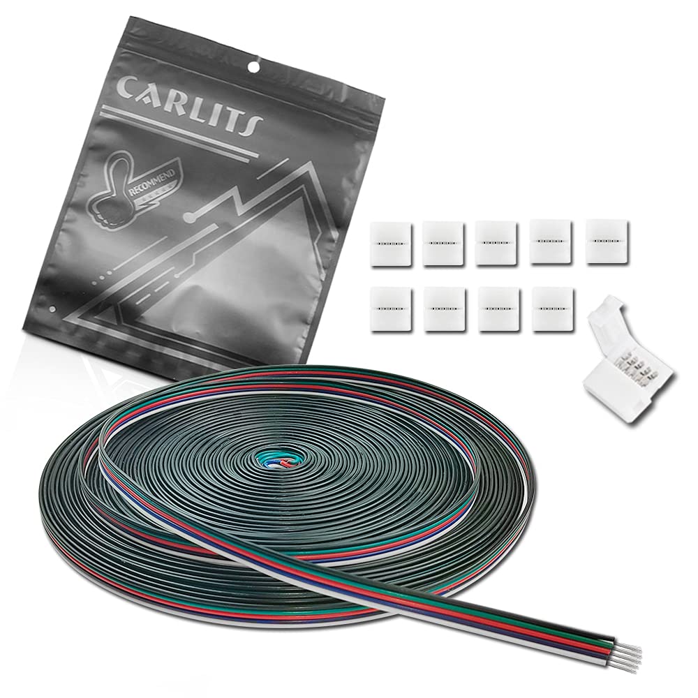 CARLITS 22AWG 5pin 65.6FT 20M RGBW Extension Cable Wire 5x0.3mm² Line Stranded Tinned Copper for 5 Colors RGBW LED Strip Lights 3528 5050