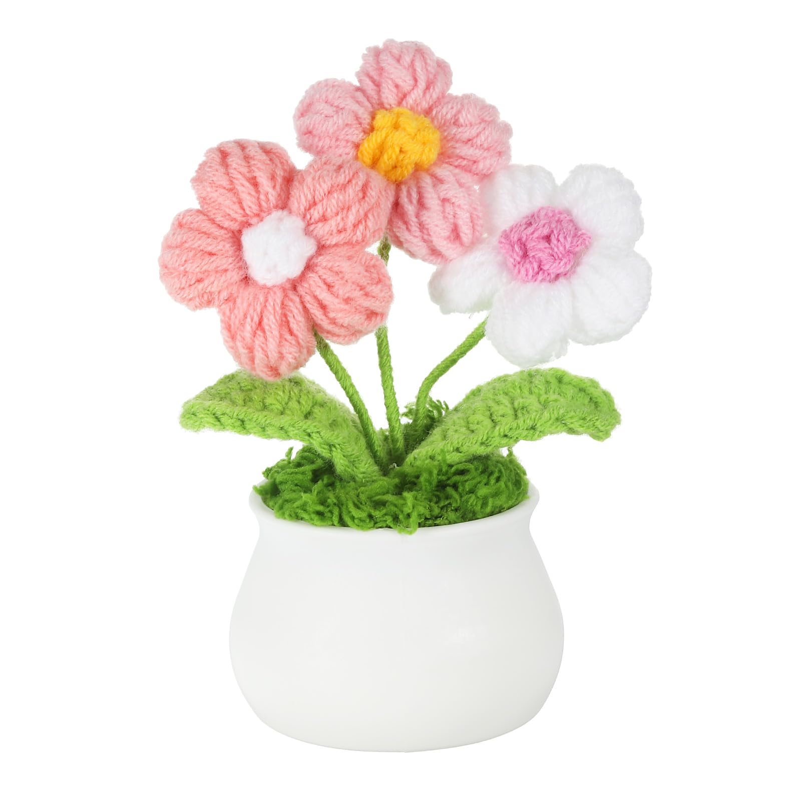 PATIKIL Crochet Flowers Potted, Handmade Knitted Mini Potted Plants Puff Knitting Artificial Flowers for Valentine's Gifts Home Office Tables Decoration, Pink White