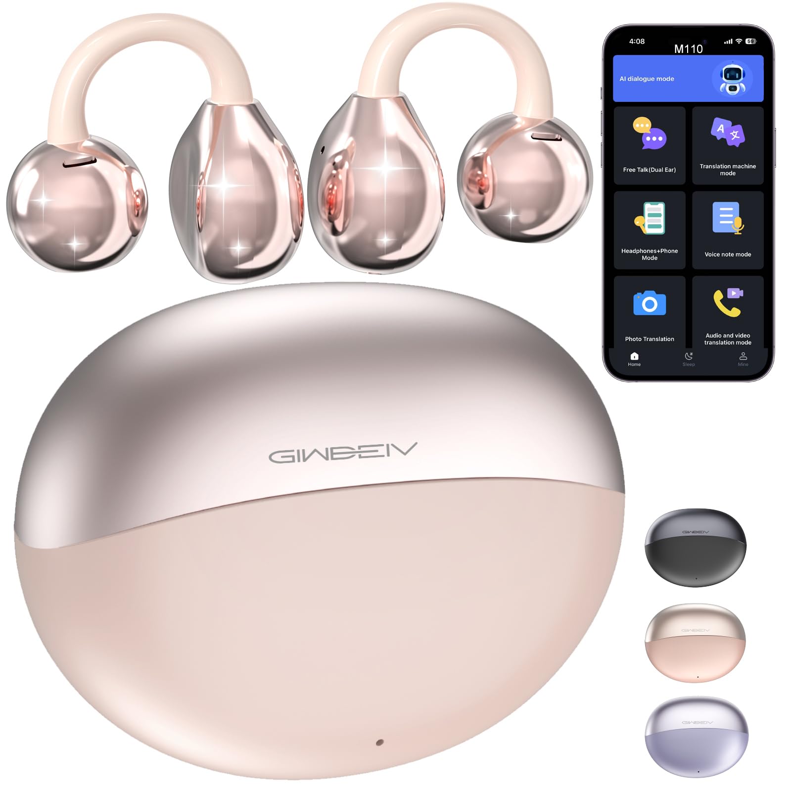 Photo 1 of AI Translation Earbuds Real Time, 164 Language Translator Earbuds, 3-in-1 Wireless Clip on Earbuds, Bluetooth 5.4 Headphones, Translating Device for Travel Business Learning (Pink)