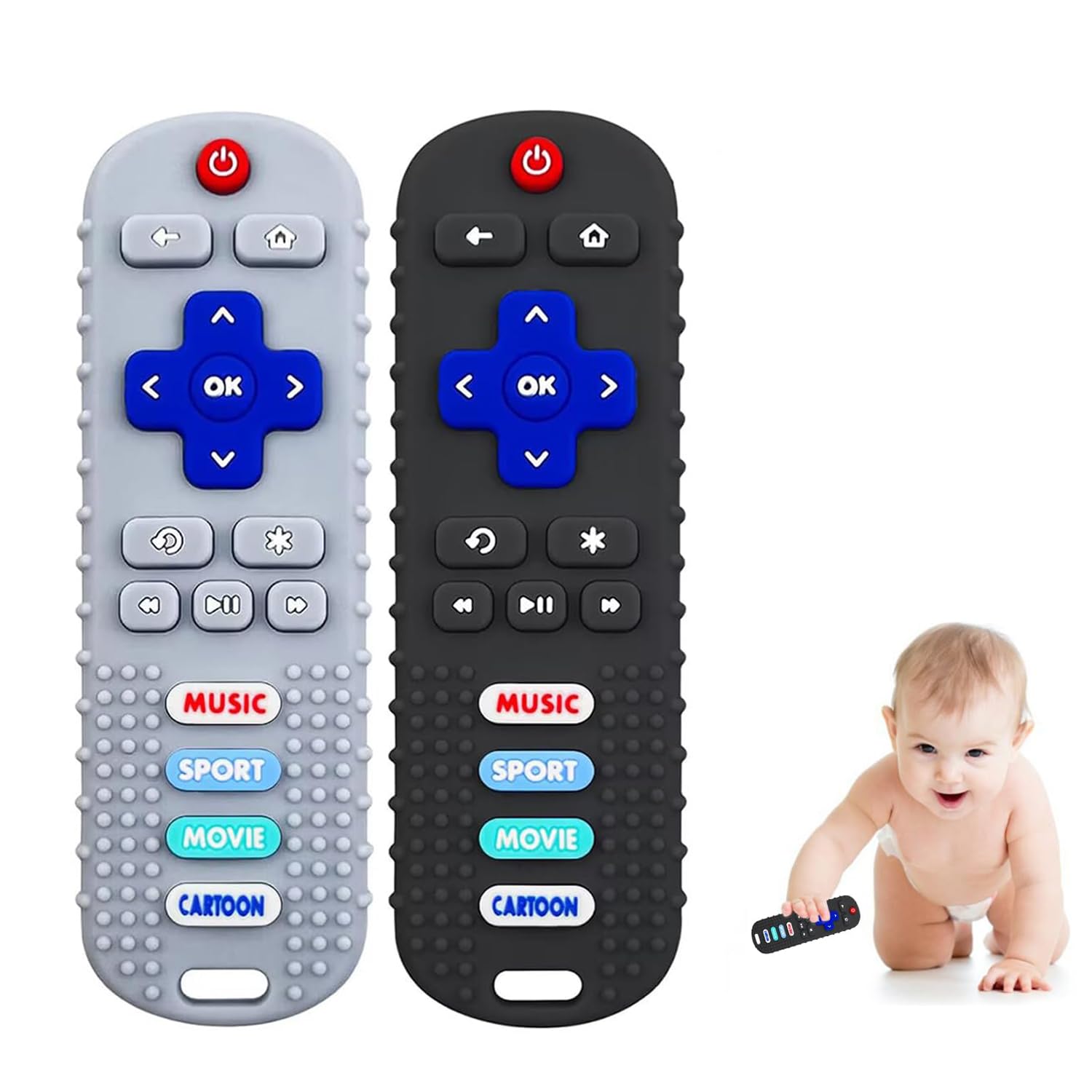 Photo 1 of 2-Pack Baby Remote Control Teether Toy for Babies 0-18 Months Silicone Infant Teething Toys Boys Girls Infants Teething Toys (Black + Gray)