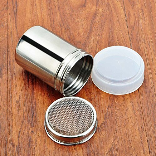 LOHOME Stainless Steel Fancy Coffee Dredger Cocoa Powder Shaker with Fine-mesh Lid & Translucent Plastic Cover for Baking & Cooking At Home / Restaurant (4-Pieces)