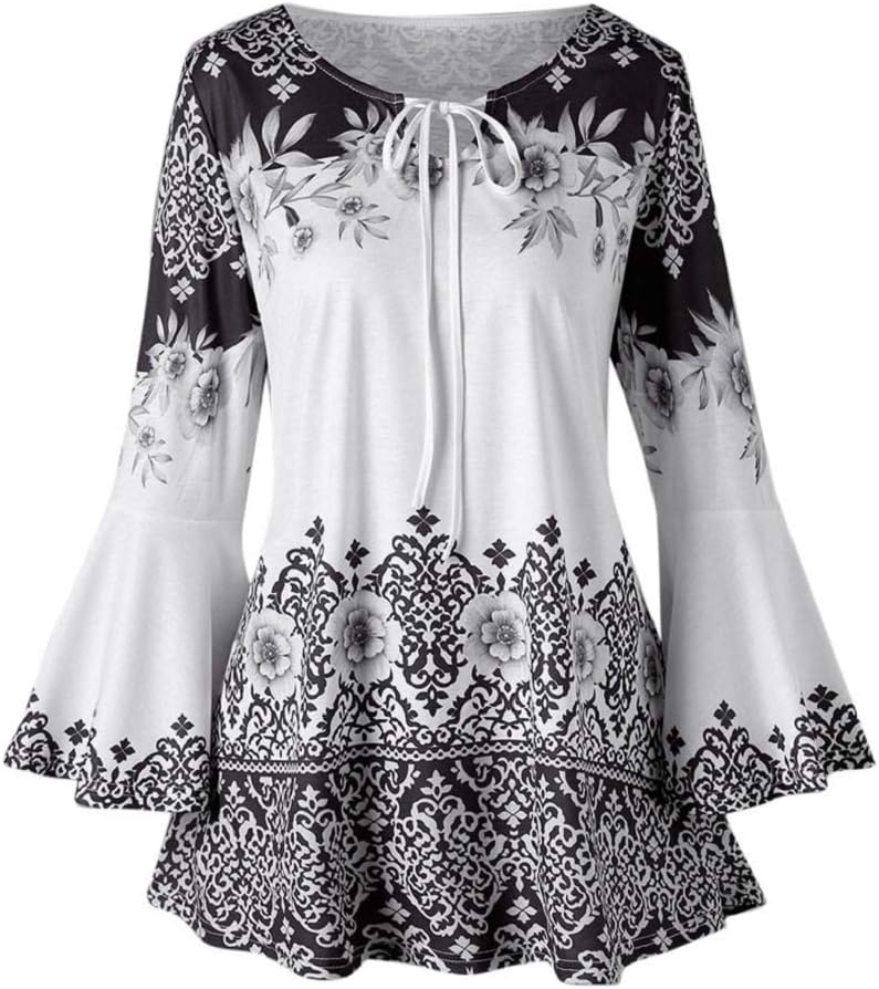 TUDUZ Womens Floral Printed 3/4 Flare Sleeve Blouses Tops Plus Size Keyhole Pullover T-Shirts