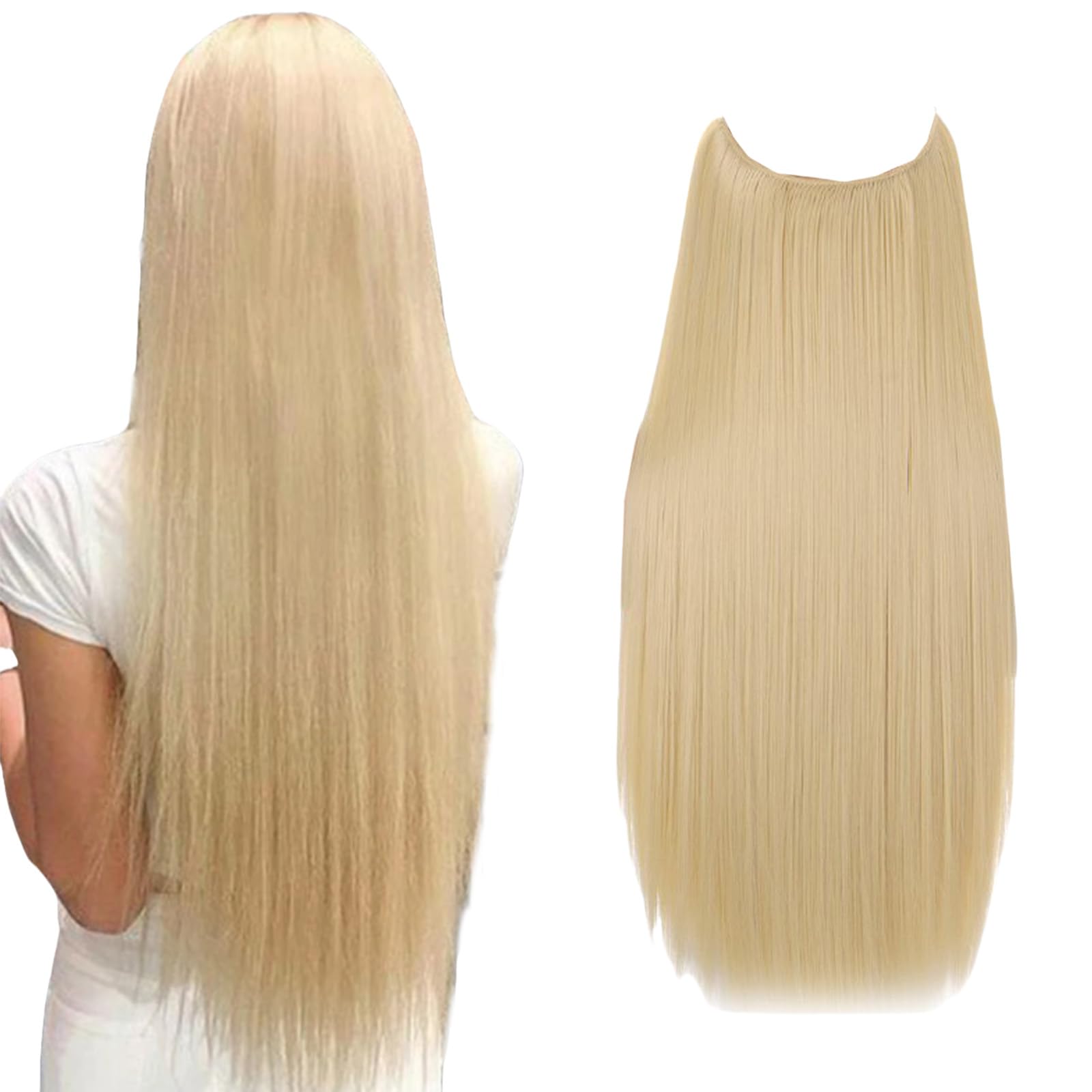 Traziewell Blonde Hair Extensions Invisible Secret Hidden Wire in Hair Extension Long Straight Synthetic Hairpieces Translucent Fish Line for Women Blonde, 1012