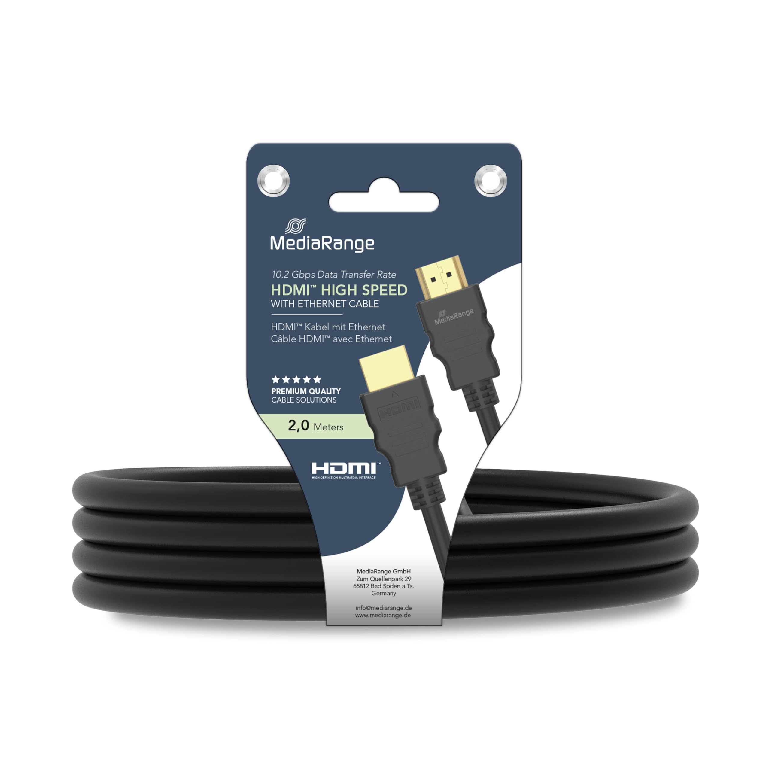 MediaRange HDMITM High Speed with Ethernet Connection Cable, Gold-Plated Contacts, 10.2 Gbit/s Data Transfer Rate: 2.0m, Black