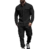 Men's Fleece Cargo Jacket Tracksuit Set 2 Pieces Solid Color Long Sleeve Button up Jacket and Cargo Pants Set