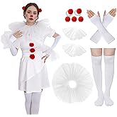 Tayfremn 12Pcs Halloween Clown Costumes Women Mesh Ruffle Neck Collar Cuffs Clown Accessories with Red Pom Poms Glove and Sock for Halloween Cosplay Party Women Girl