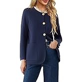 Langwyqu Womens Crew Neck Button Down Cardigan Sweaters Blazer Casual Long Sleeve Knit Solid Sweater with Pockets