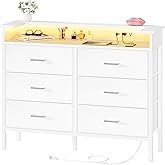BOLUO White Dresser with LED Light and Charging Station for Bedroom 6 Drawer Dresser with USB Outlet, Fabric Dressers & Chests of Drawers Modern