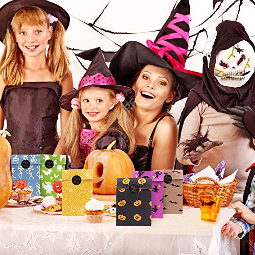 AerWo 48pcs Halloween Treat Bags Paper Gift Bags, Goody Bags with Halloween Stickers for Halloween Party Decorations Supplies
