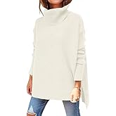OU MgCE FAST FASHION Women's Turtleneck Oversized Sweaters Long Sleeve Split Hem Striped Knit Pullover Tops