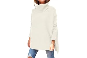 OU MgCE FAST FASHION Women's Turtleneck Oversized Sweaters Long Sleeve Split Hem Striped Knit Pullover Tops