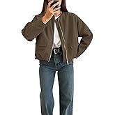 Women's Casual Bomber Jacket Round Neckline Long Sleeve Pockets Gathered Hem Coat