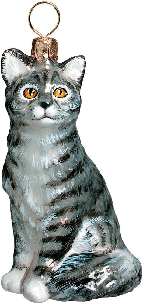 American Shorthair Gray Sitting Cat Polish Glass Christmas Ornament Decoration